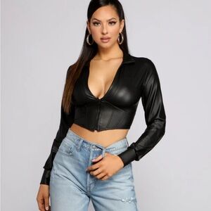 Windsor Black Faux-Leather Zip Front Cropped Top